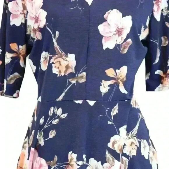GILLI Navy Floral Midi Dress (Modcloth Brand) Short Sleeve V-Neck Stretch Size L - Picture 5 of 8